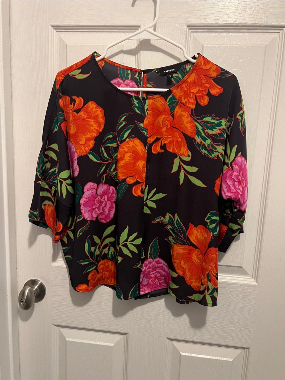 Express Black Blouse with Orange & Pink Floral Print